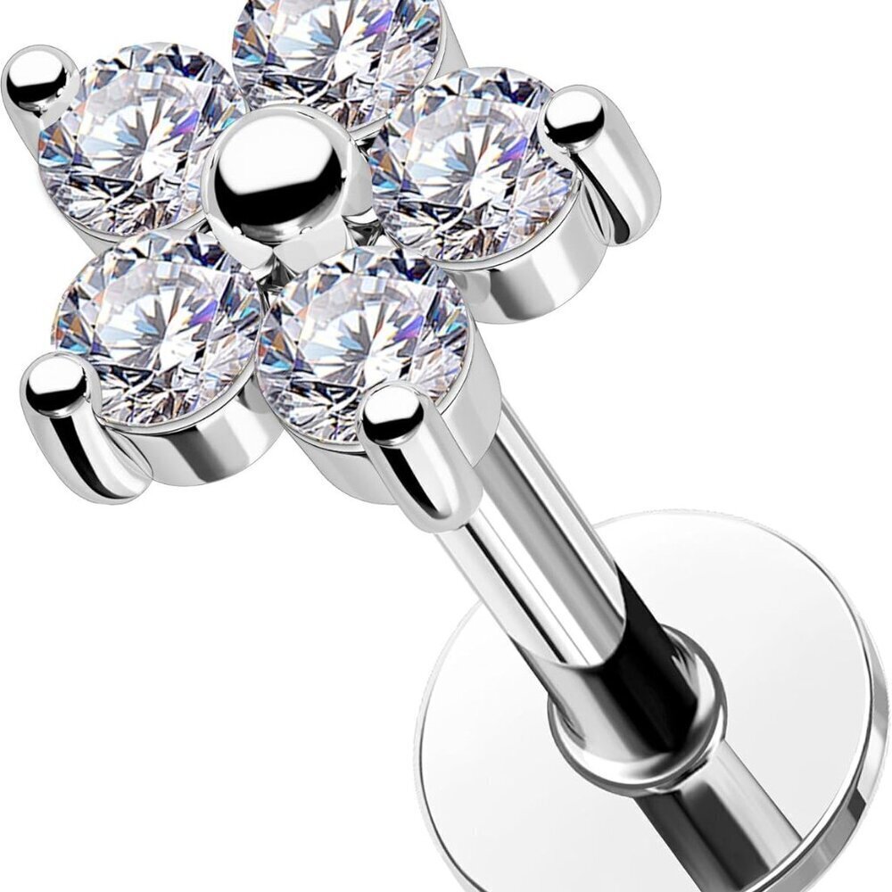 Elegant Silver Floral CZ Helix Earring Studs for Cartilage Piercing, 16g, 6mm
